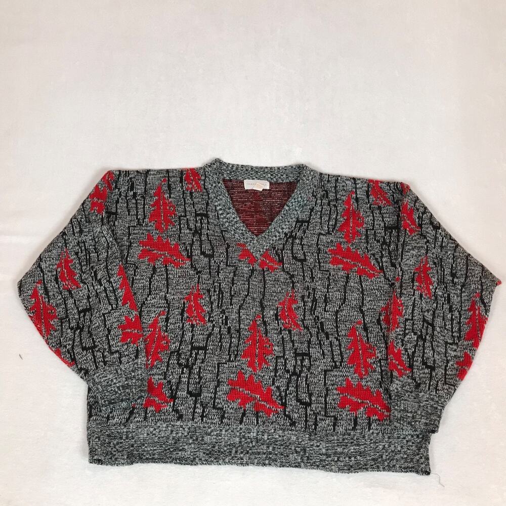 Vintage Chapel Hill Red Leaf Grey Chunky Knit V Neck Sweater XL